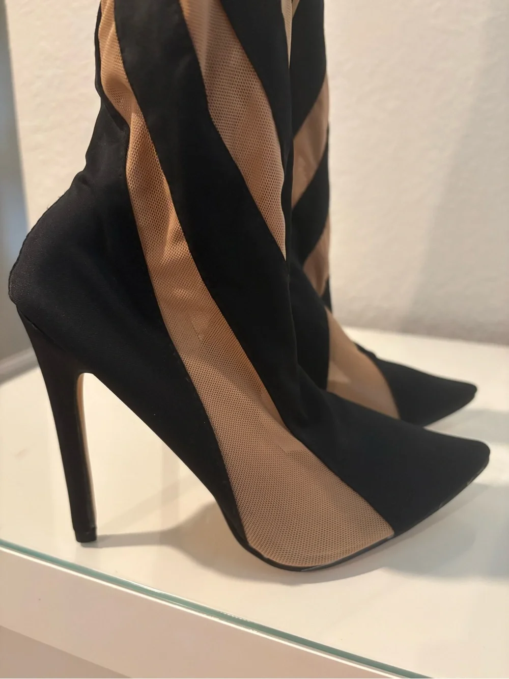 Akira Black and Nude Striped Over-the-Knee Stiletto Boots